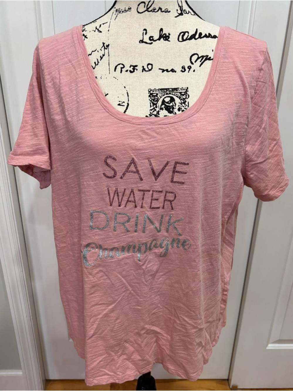 Lane Bryant Pink Short Sleeve Tee "Save Water Drink Champagne" 18/20 EUC